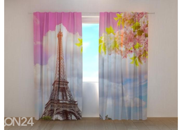 Pimendav fotokardin Blossoming Spring Cherry and Eiffel Tower 240x220 cm suurendatud