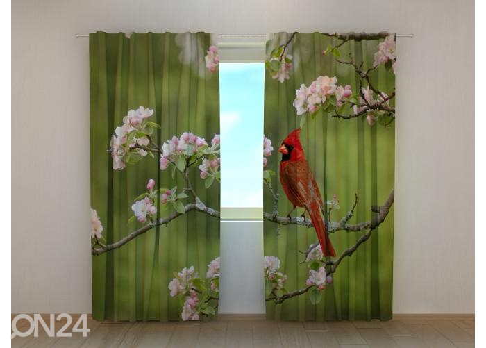 Poolpimendav fotokardin Bird Cardinal on a Spring Twig 240x220 cm suurendatud