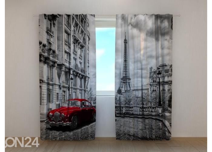 Poolpimendav fotokardin Red Retro Limousine on the Street of Paris 240x220 cm suurendatud