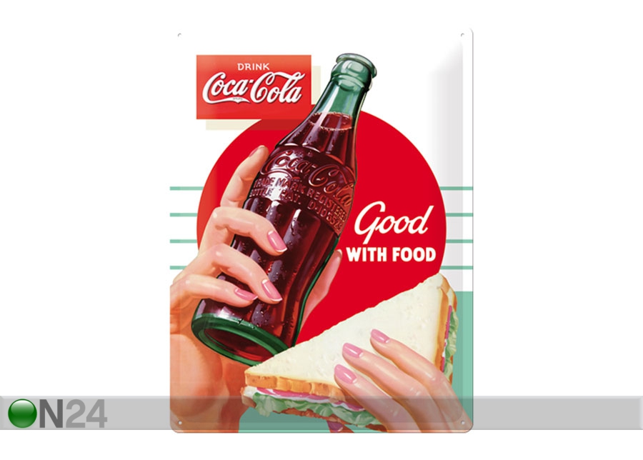 Retro metallposter Coca Cola Good with food 30x40 cm suurendatud