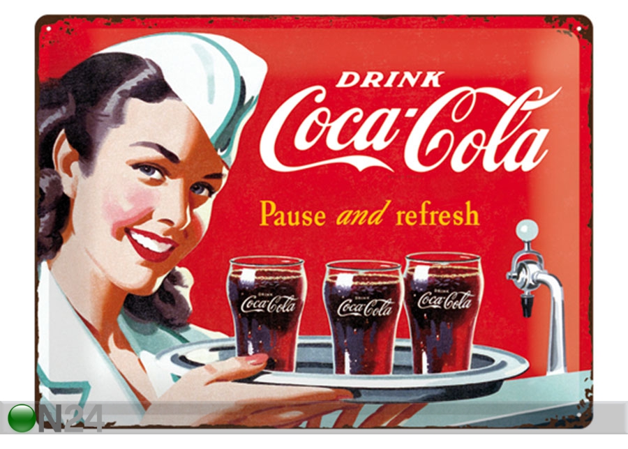 Retro metallposter Coca-Cola Pause and Refresh 30x40 cm suurendatud