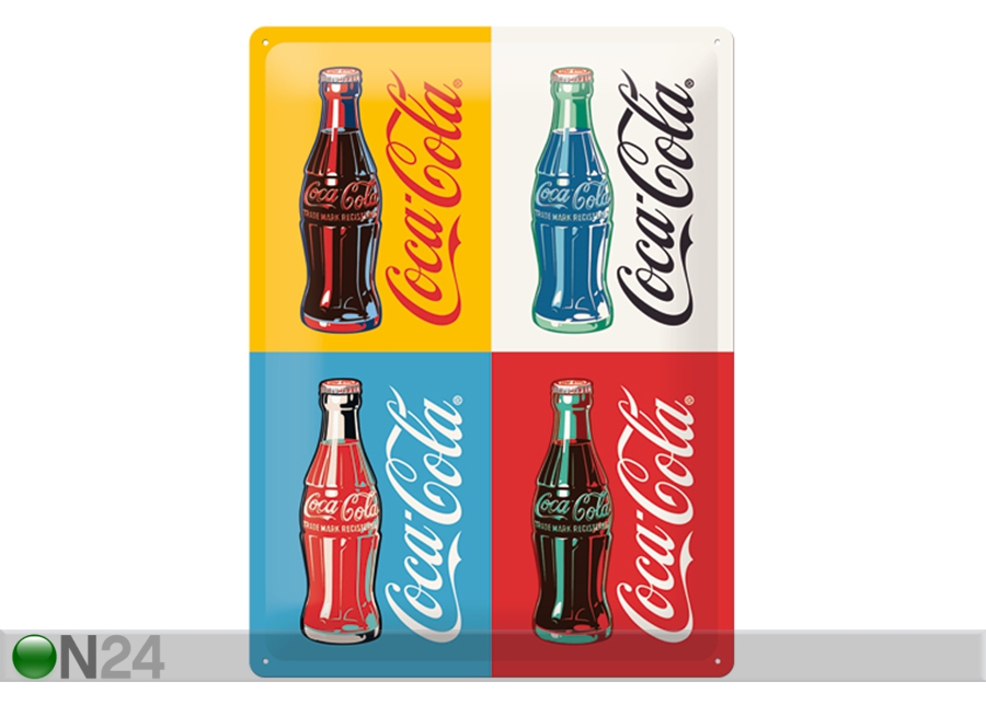 Retro metallposter Coca-Cola Pop Art 4 pudelit 30x40 cm suurendatud