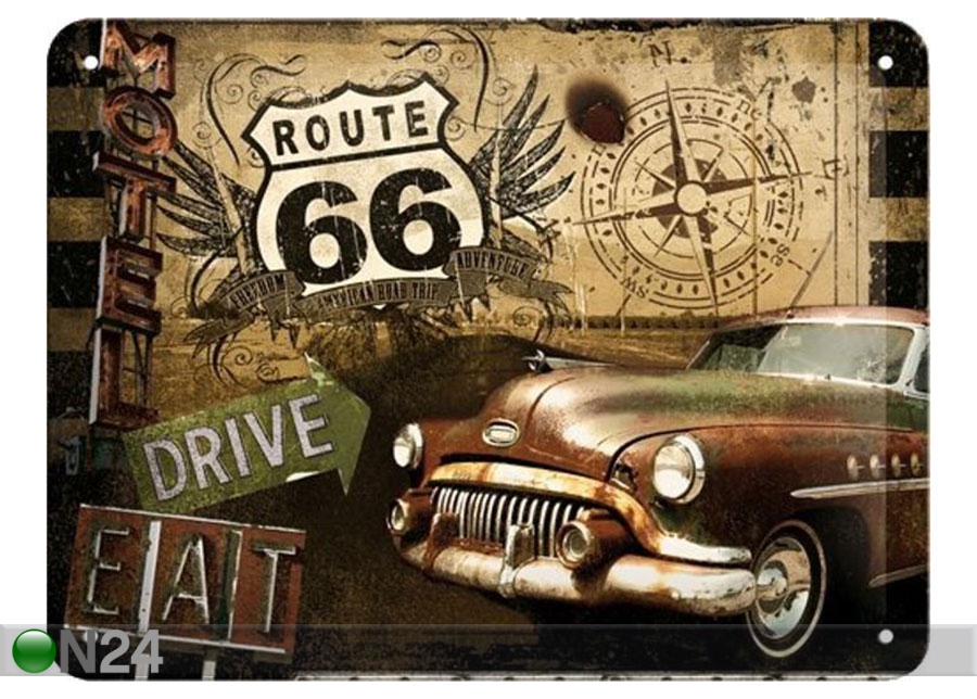 Retro metallposter Route 66 Drive&Eat 30x40 cm suurendatud