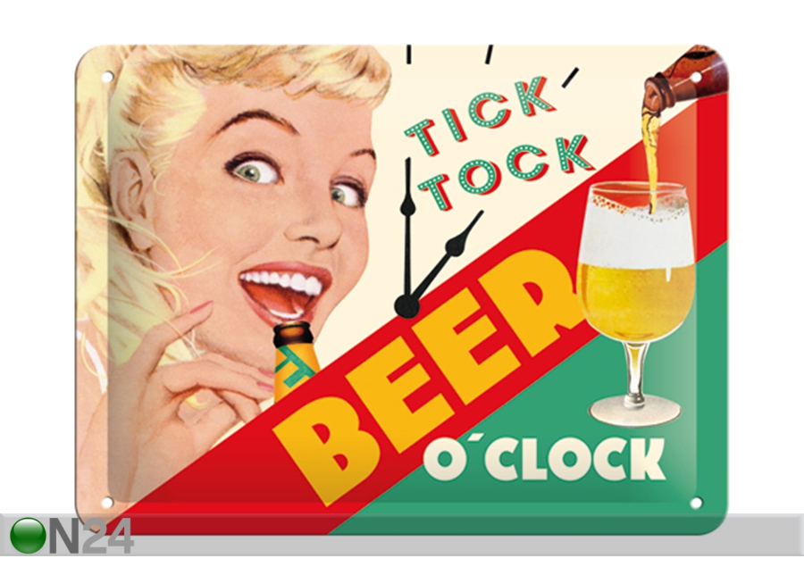 Retro metallposter Tick Tock Beer O'Clock 15x20 cm suurendatud