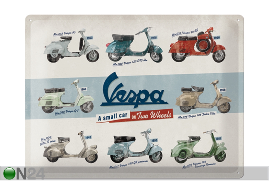 Retro metallposter Vespa mallit 30x40 cm suurendatud