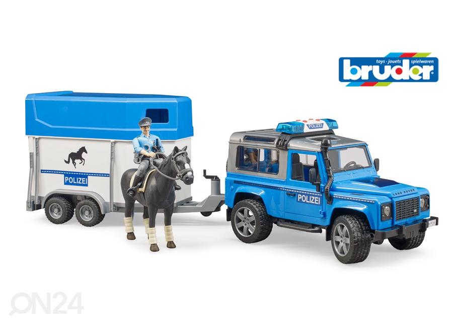 Rover Defender hobuseveotreileri ja ratsapolitseinikuga 1:16 Bruder suurendatud