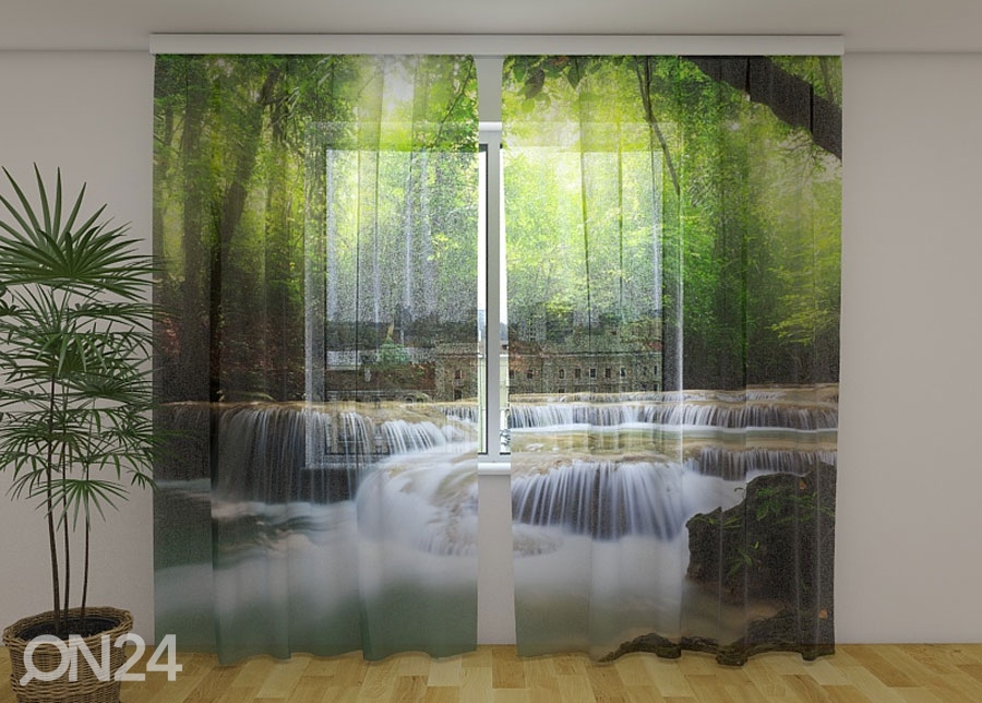 Šifoon-fotokardin Waterfall in spring Forest 240x220 cm suurendatud