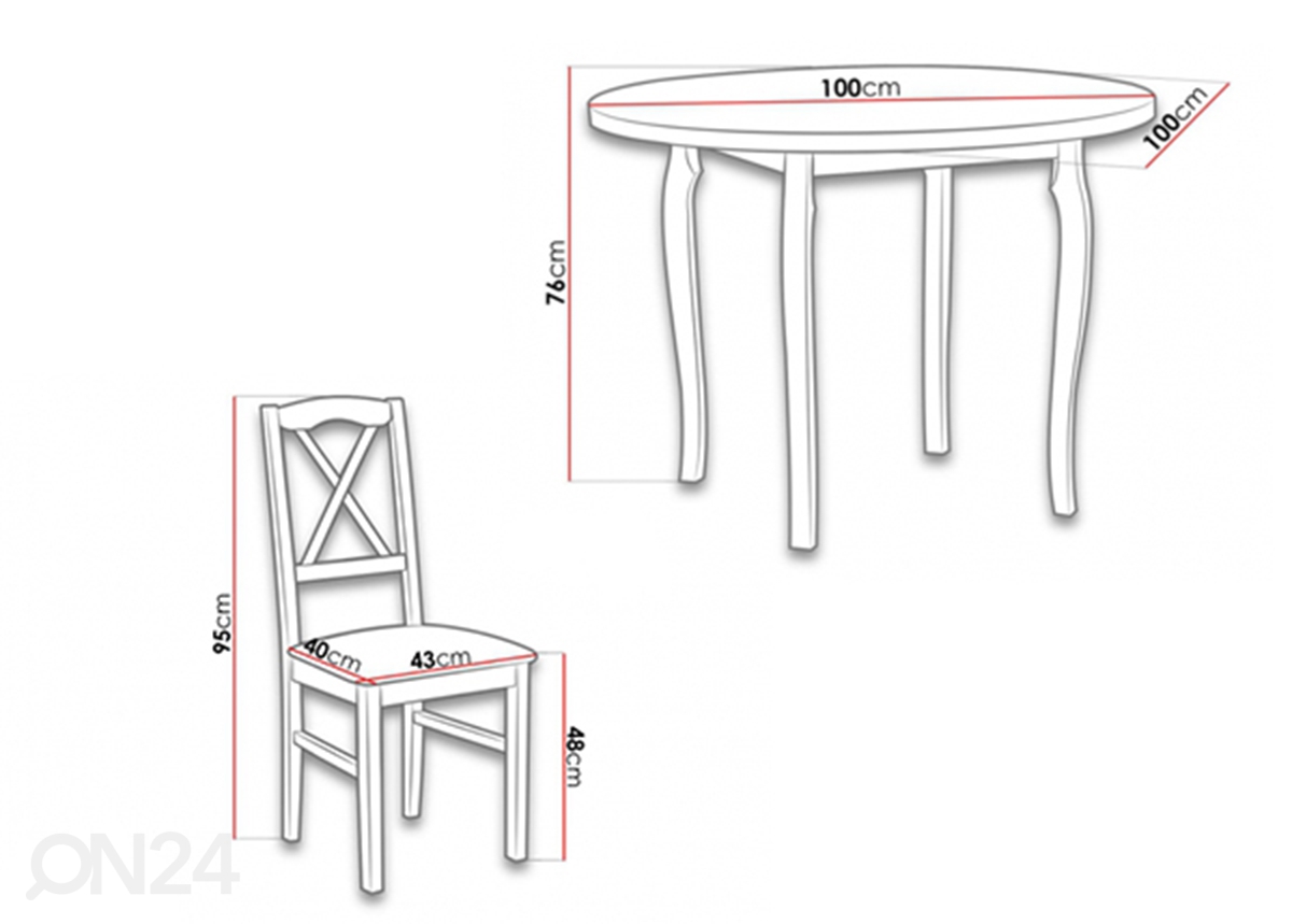 Söögilaud Ø 100 cm + 4 tooli suurendatud mõõdud