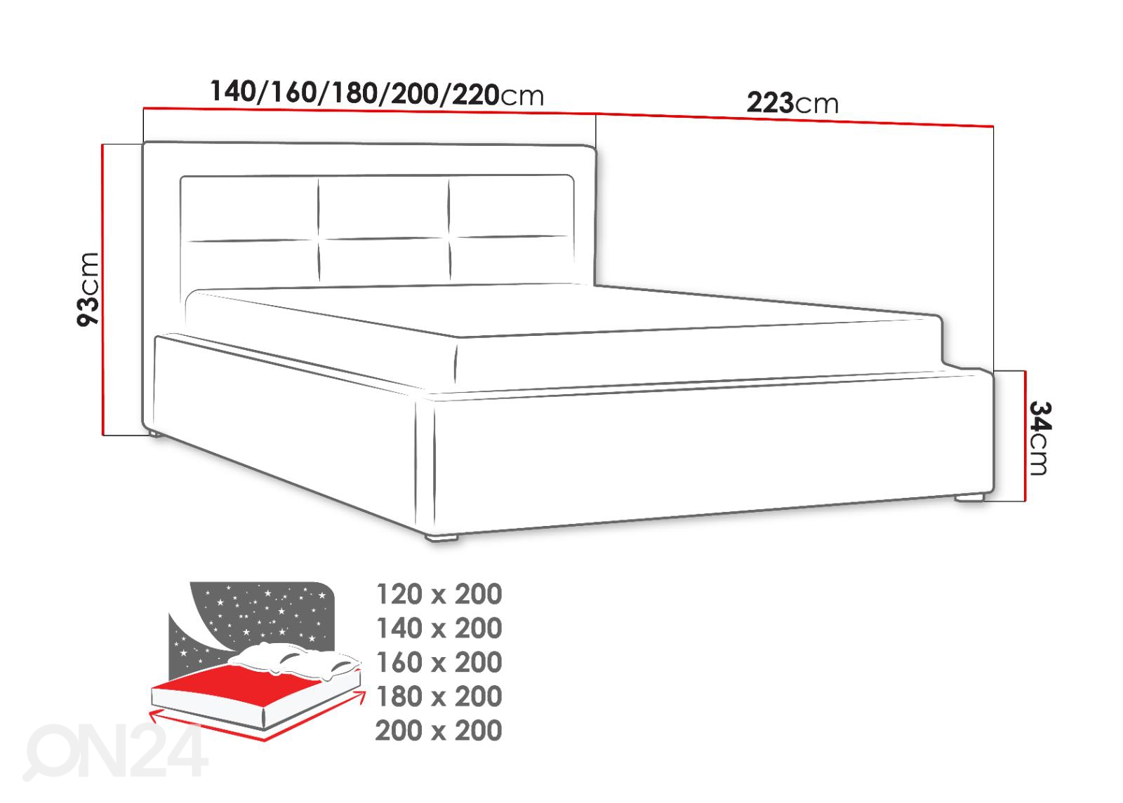 Voodi ülestõstetava voodipõhjaga 120x200 cm suurendatud mõõdud