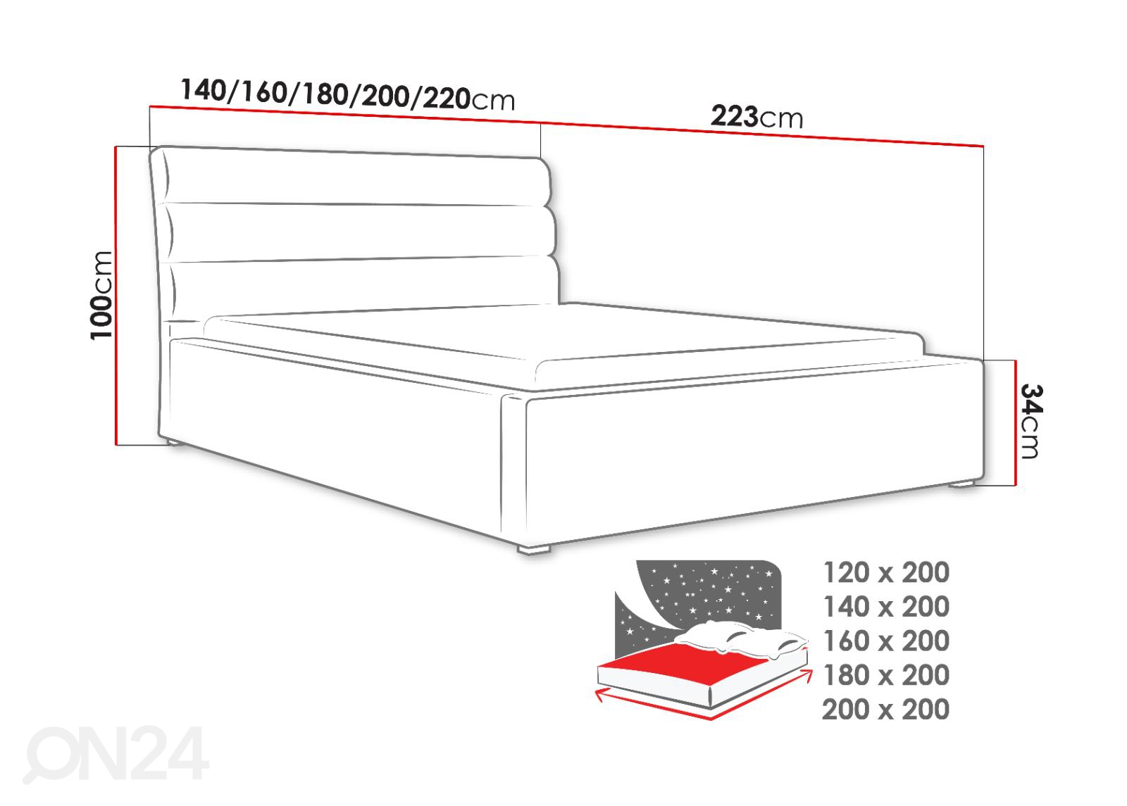 Voodi ülestõstetava voodipõhjaga Cordoba 200x200 cm suurendatud mõõdud
