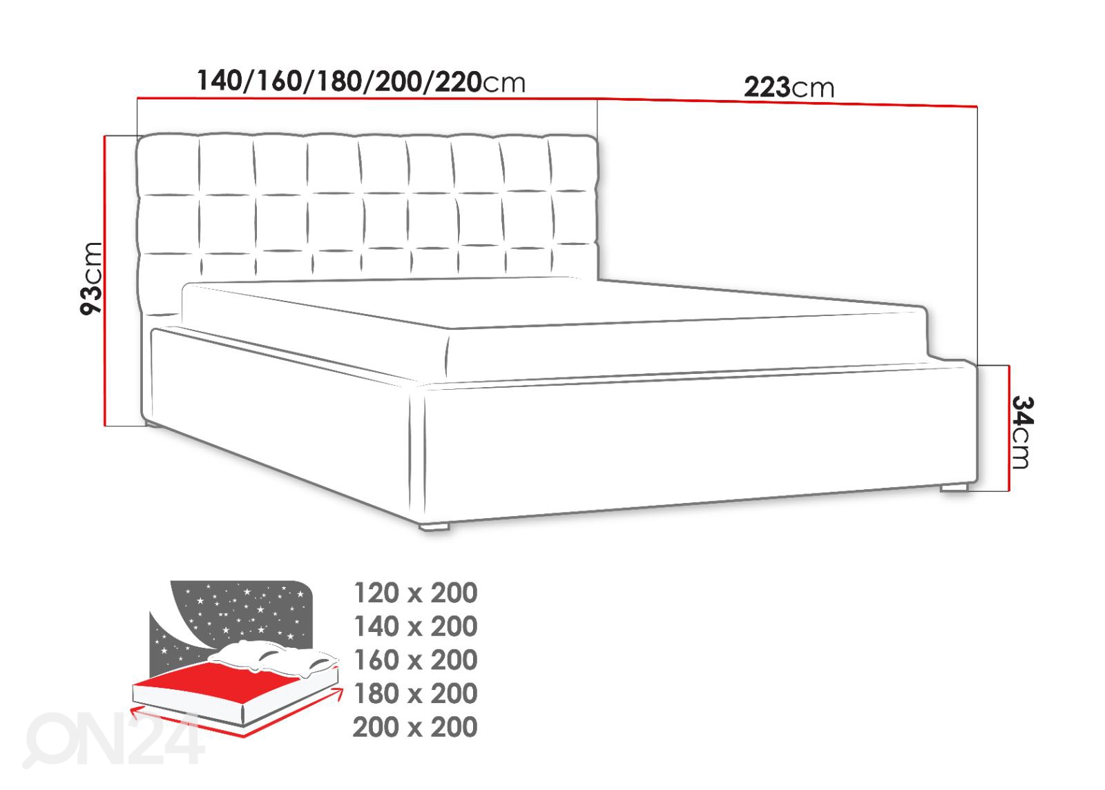 Voodi ülestõstetava voodipõhjaga Malaga 200x200 cm suurendatud mõõdud