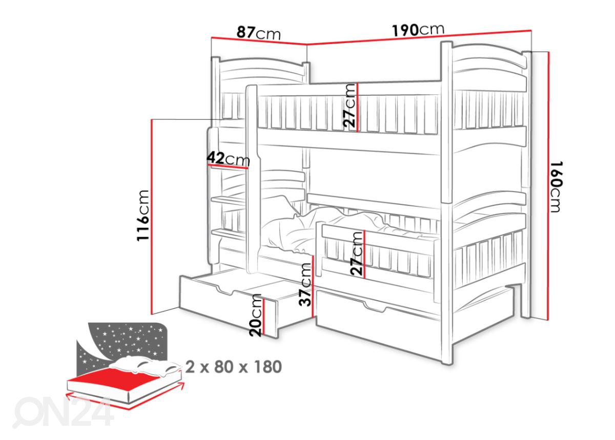 Двухъярусная кровать 80x180 cm увеличить размеры