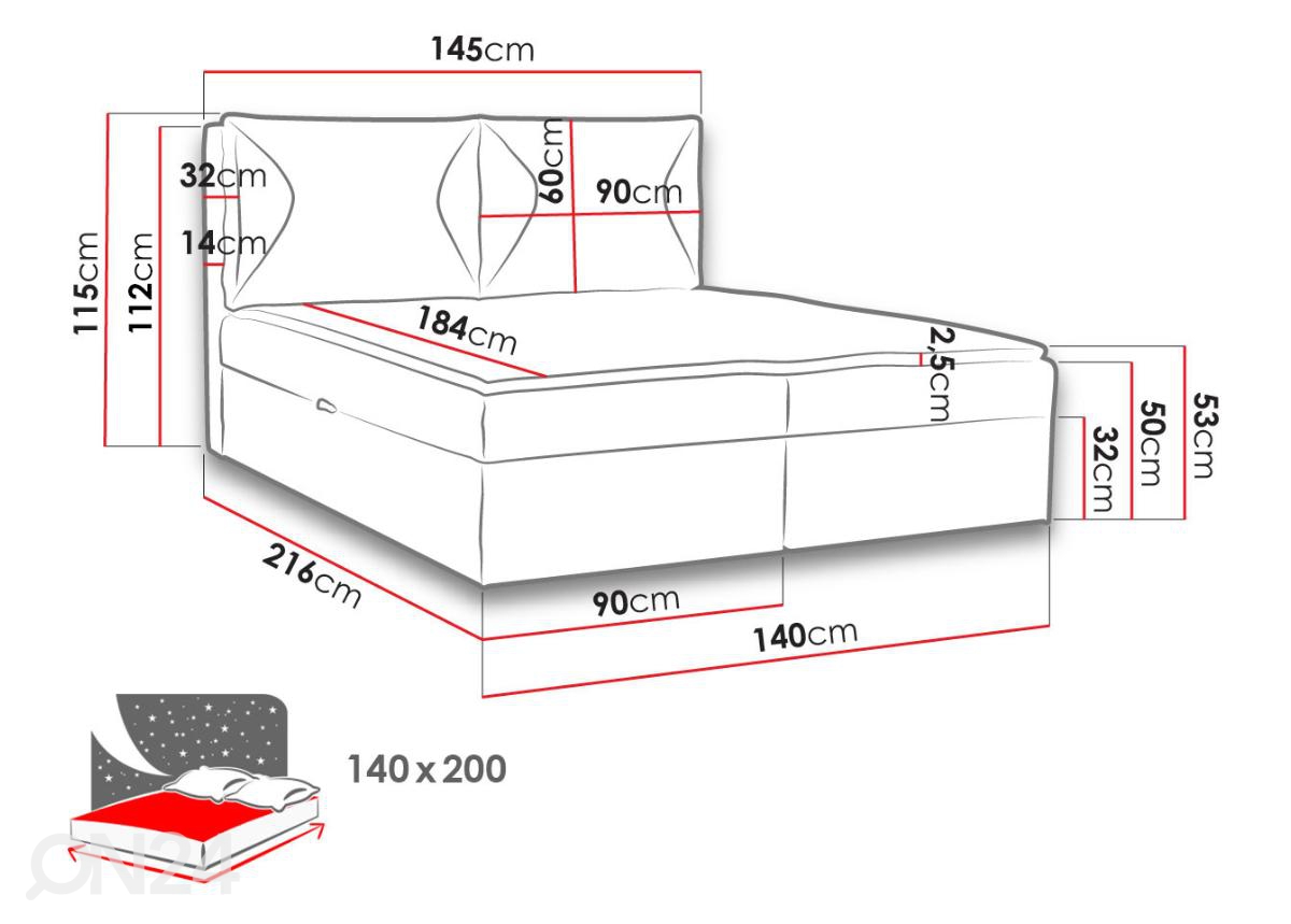 Континентальная кровать 140x200 cm, серый увеличить размеры
