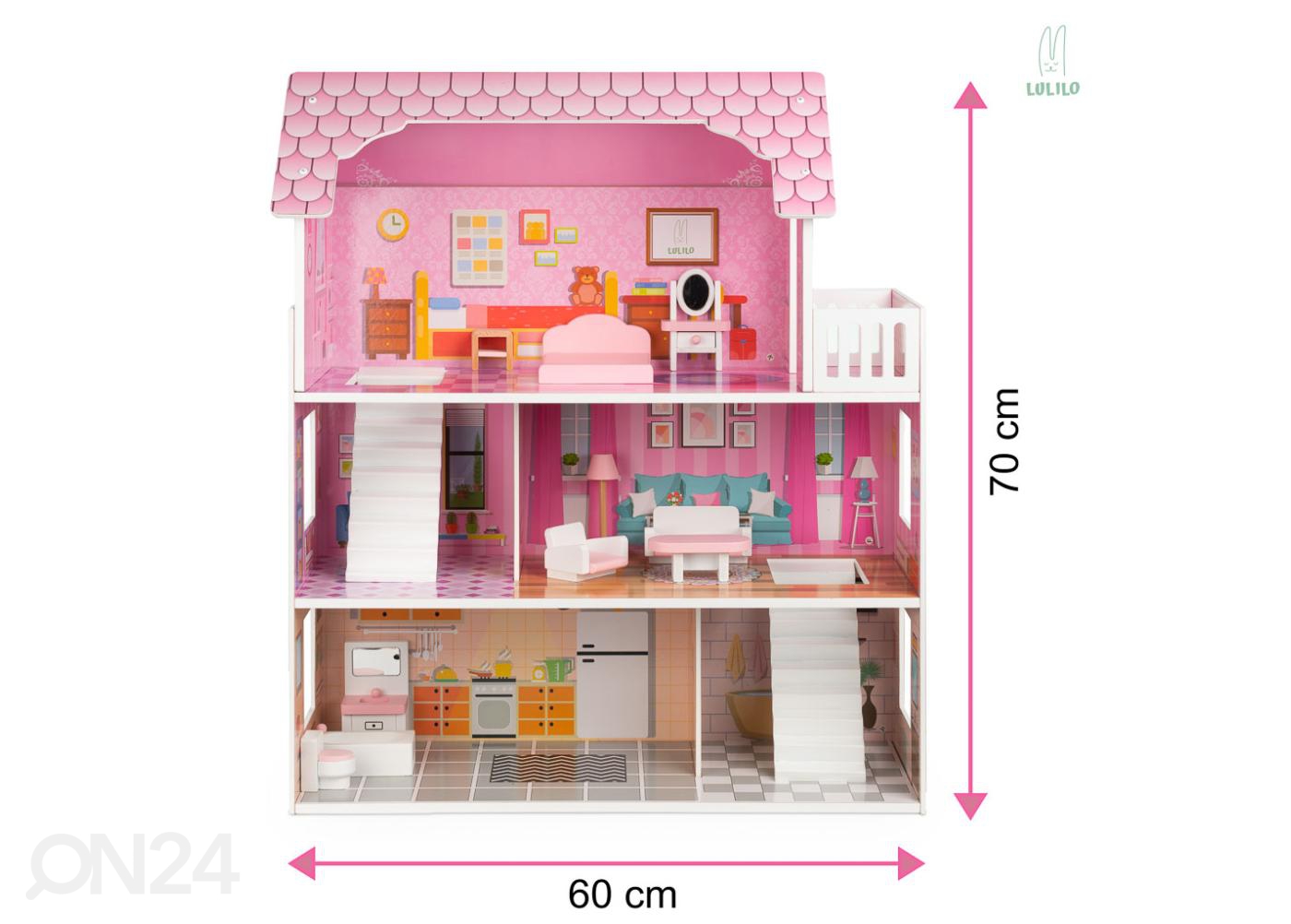 Кукольный домик + розовая мебель 70 см увеличить размеры