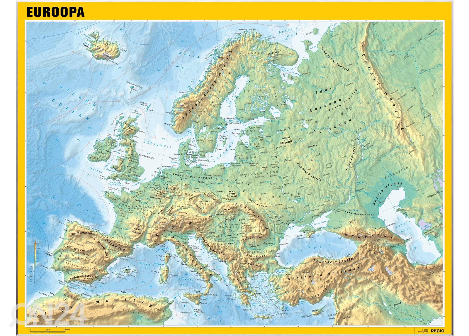 Общая географическая настенная карта Европы увеличить