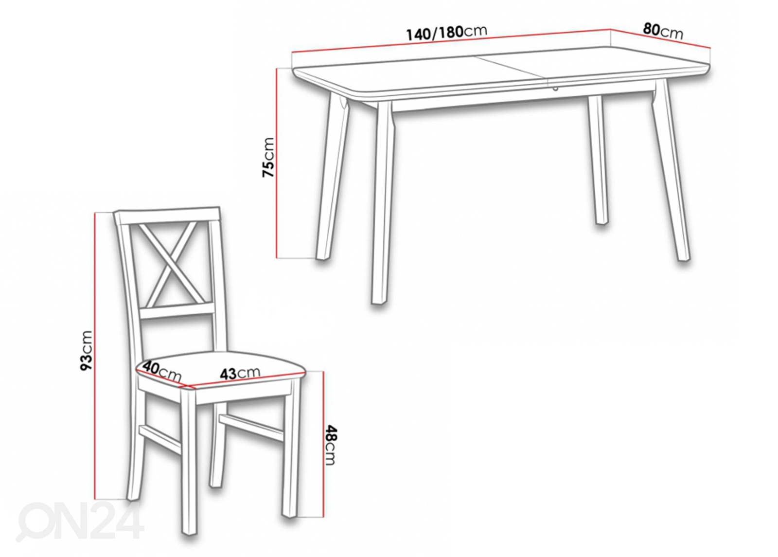 Удлиняющийся обеденный стол 80x140-180 cm+ 6 стульев увеличить размеры