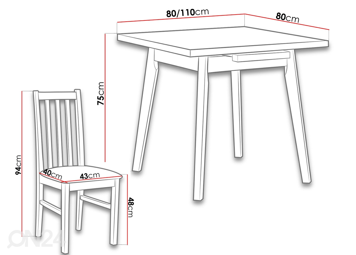 Удлиняющийся обеденный стол 80x80-110 cm + 4 стула увеличить размеры