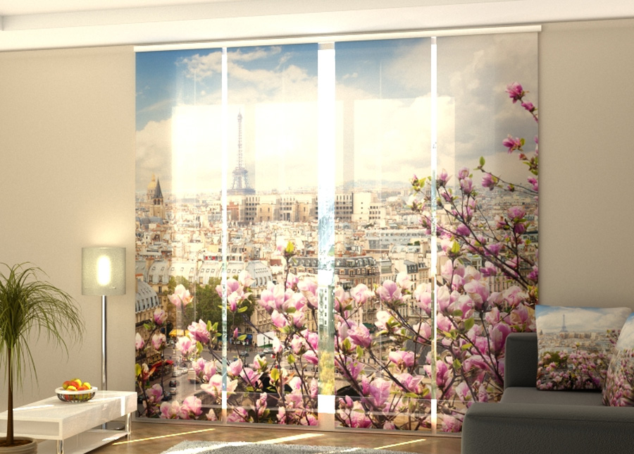 Puolipimentävä paneeliverho Eiffel Tower with Blooming Magnolia 240x240 cm