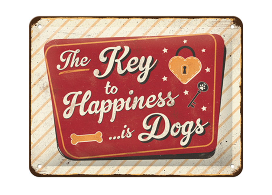 Retro metallitaulu he Key to Happiness... is Dogs 15x20 cm