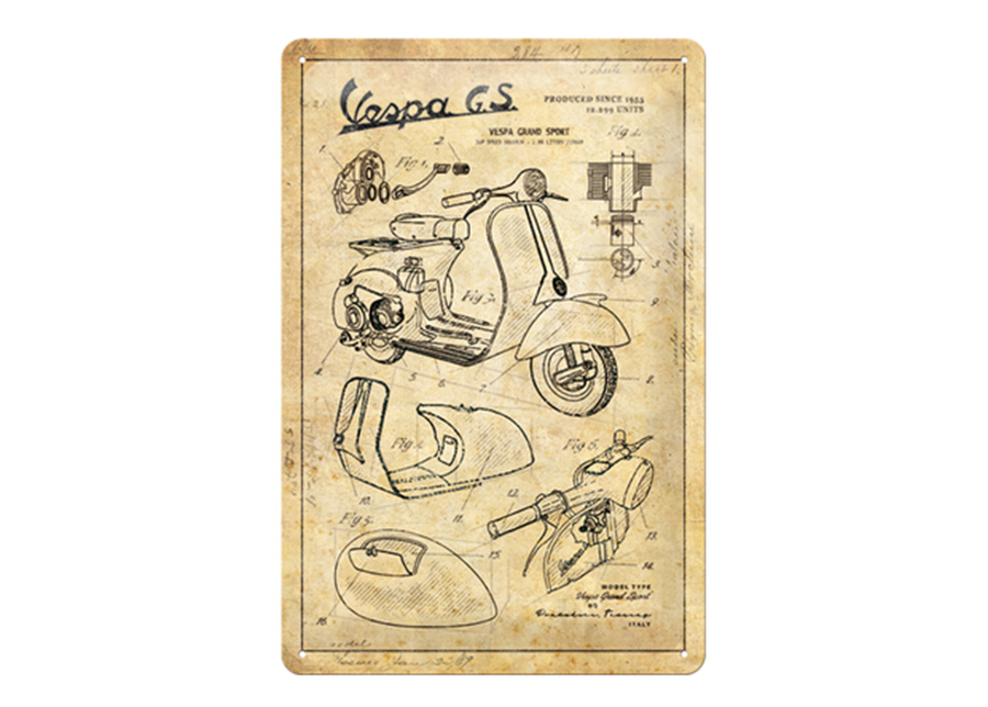 Retro metallitaulu Vespa - Parts Sketches 20x30 cm