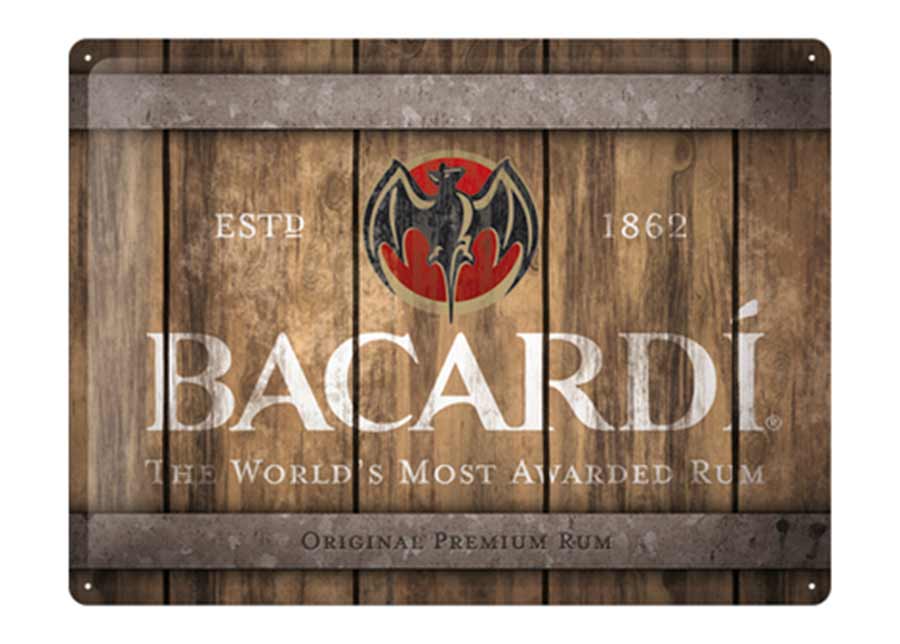 Retrotyylinen metallitaulu Bacardi - Wood Barrel Logo 30x40 cm