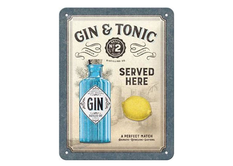 Retro metallitaulu Gin & Tonic Served Here 15x20 cm