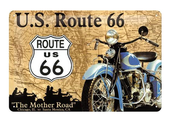 Retro metallitaulu Route 66 sininen moottoripyörä 20x30 cm