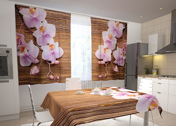 Läpinäkyvä verho ORCHIDS AND TREE IN THE KITCHEN 200x120 cm