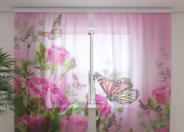 Sifonki-kuvaverho BUTTERFLIES AND PINK ROSES 240x220 cm